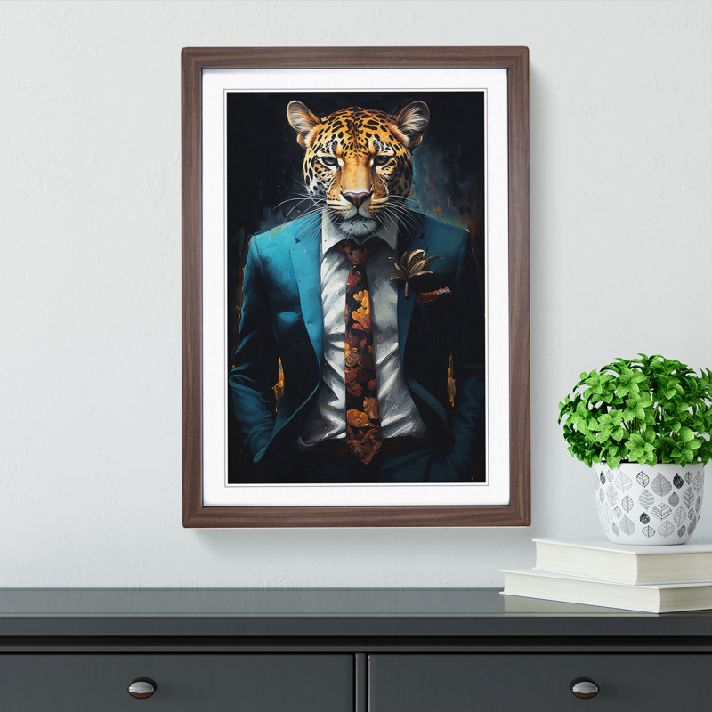 Leopard In A Suit Painting No.4 - Single Picture Frame Print on Wood, 64cm H x 46cm W x 2cm D, Walnut Framed
