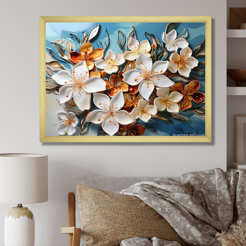 «White Plumeria», art liquide sur fond de fleurs sur toile, Silver Picture Framed, H 12 po x l 20 po