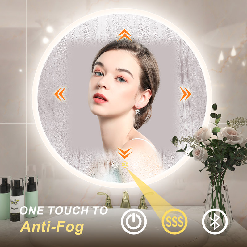 Round LED Vanity Mirror with Defogging, Bluetooth, and Dimmable Lights, 32" x 32"
