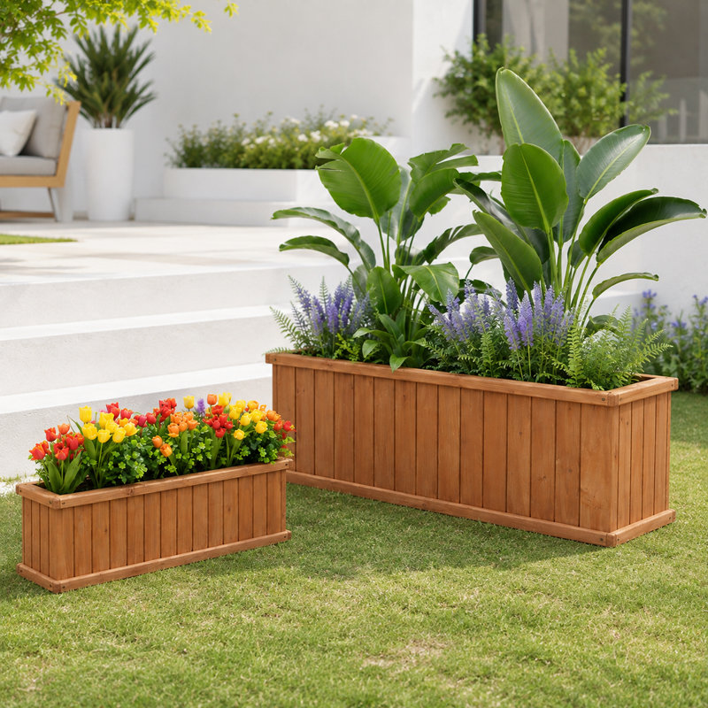 2-Piece Cedar Wood Outdoor Planter Box Set with Drainage, 40-Inch and 48-Inch Rectangular, Brown
