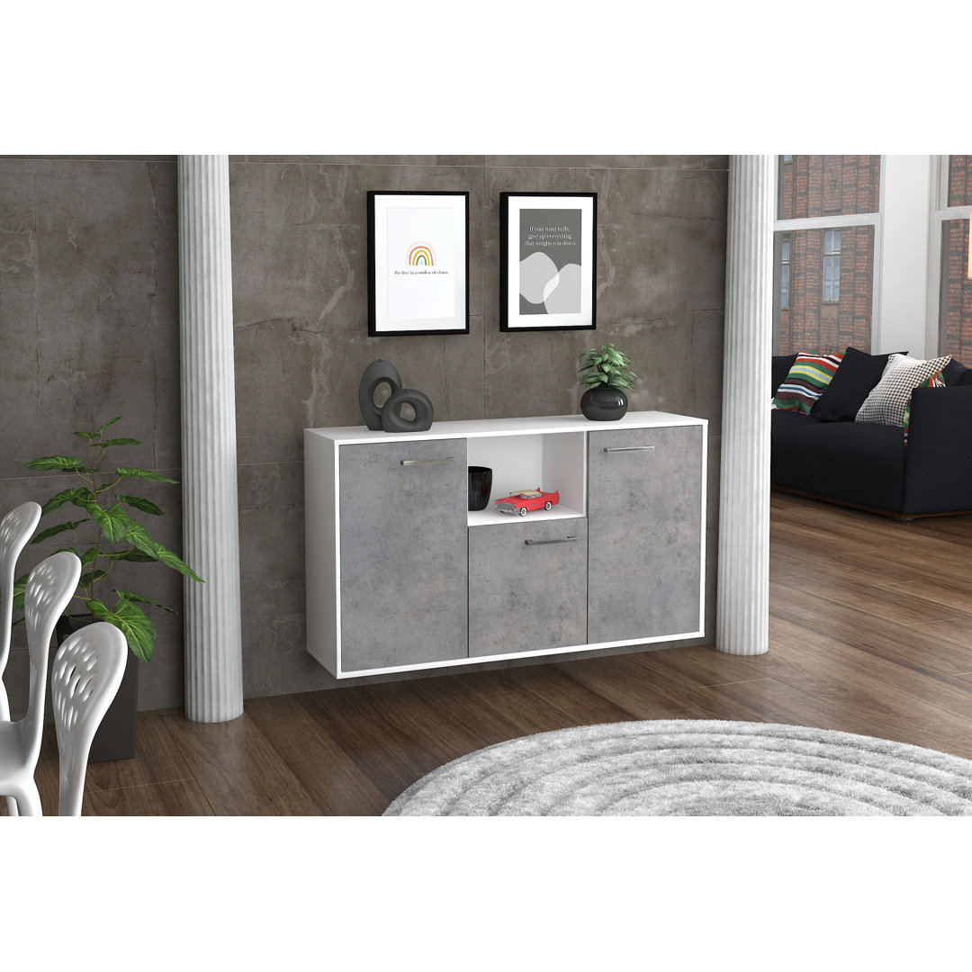 Sideboard Bennetta, Farbe: Gelb/Weiß, Fliegend/Metallgriffe, Größe: 136x79x35 cm