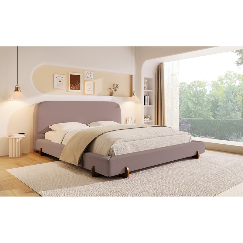 Structure de lit très grand rembourrée en velours rose, lit épais de 4 pouces, pieds en bois d'hévéa brun et structure stable pour les côtés de la chambre à coucher,
