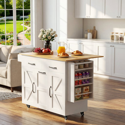 44" Rolling Kitchen Island With Drop Leaf & Trash Can Cabinet, Large Kitchen Cart On Wheels With Wood Top, Mobile Coffee Bar & Microwave Stand, Adjust by August Grove