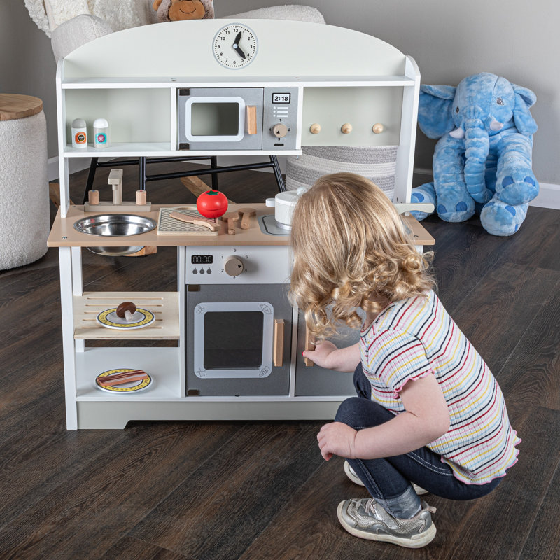 White and Gray Wooden Toddler Kitchen Playset with Accessories
