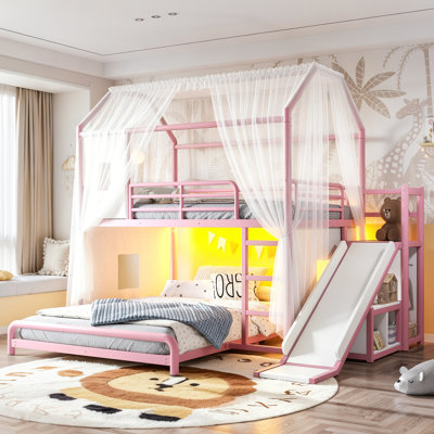 Full over Full Playhouse Metal Bunk Bed with Slide, Ladder, LED Light, Curtain, Storage Cabinet & Hanging Rod, Kids Bunk Bed , Pink