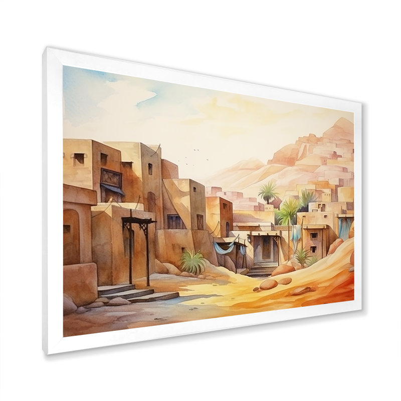 Village urbain, Sables d'Egypte IV - Art mural égyptien, Cadre de coin blanc fermé, H 16 po x l 32 po x P 1 po