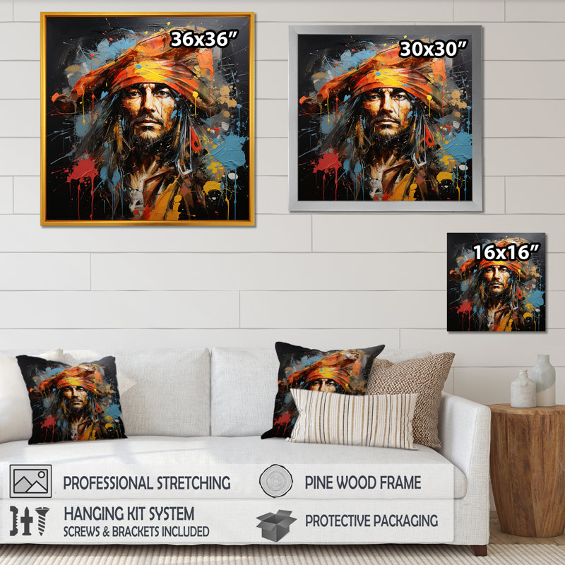 Popart pirate graphite Portrait - art mural pirate, Cadre photo noir, H 36 po x l 36 po x P 1,5 po
