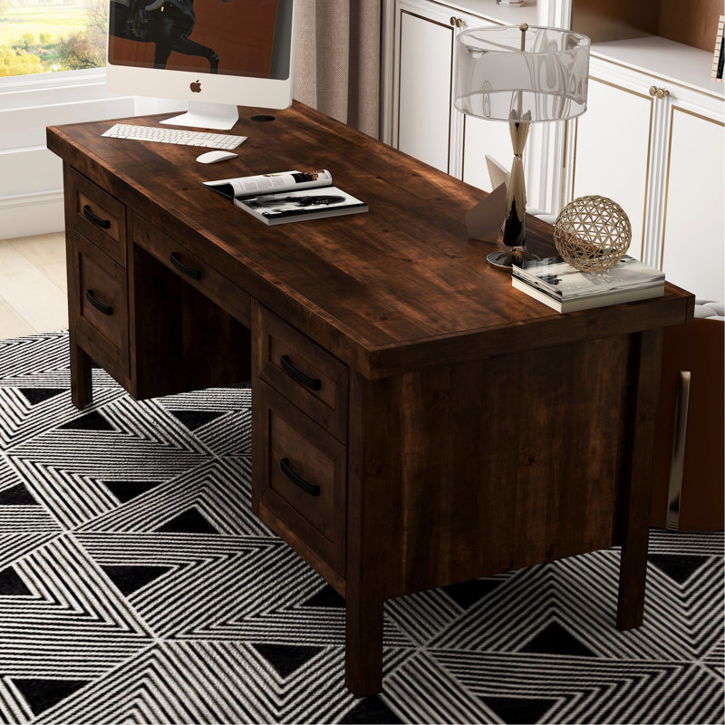 Table Whiskey 71 pouces - sans assemblage, bois d'aulne noueux, tiroirs et plateau à clavier pour bureau 71 "avec placages de couleur whisky et meubles