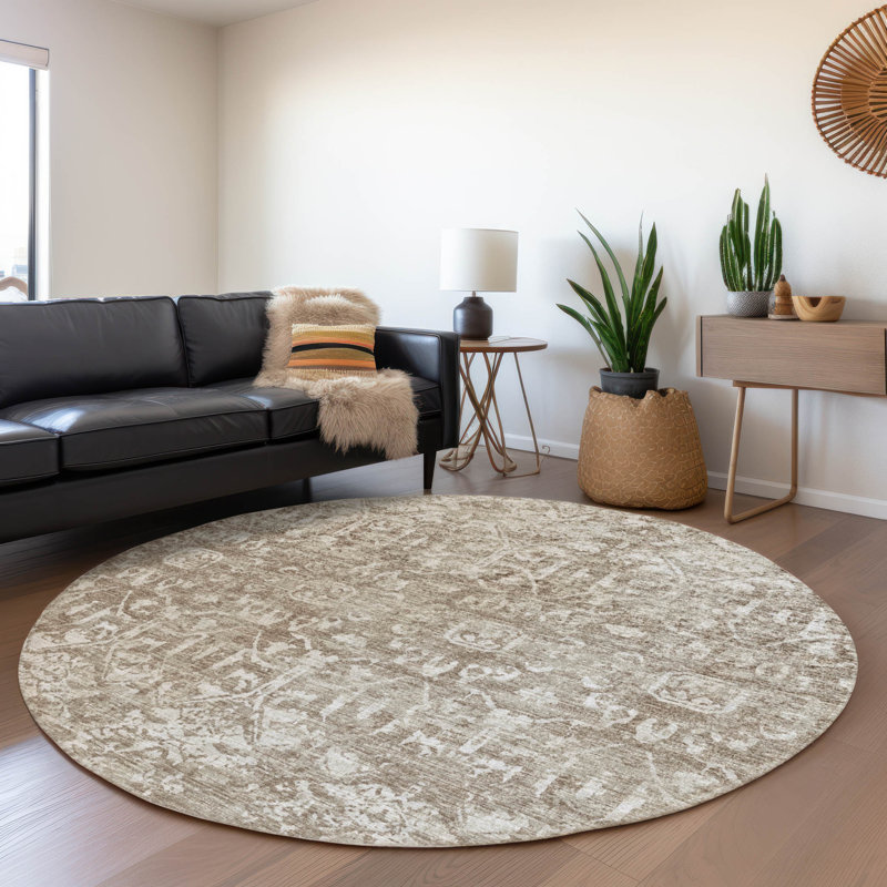 Premium Machine Washable Mayfield AMF40 Oriental Rug, Taupe, 8' Round