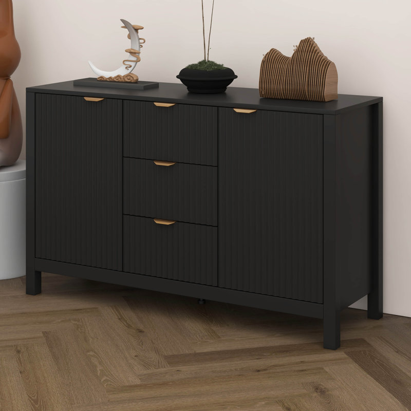 Buffet Wave Design avec 3 tablettes réglables, armoire d'entrée, 3 tiroirs et portes à fermeture en douceur, Noir