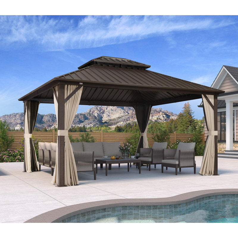 Aluminum   Hardtop Gazebo Double Roof For Patio Desk Backyard Brown, 12' x 14'