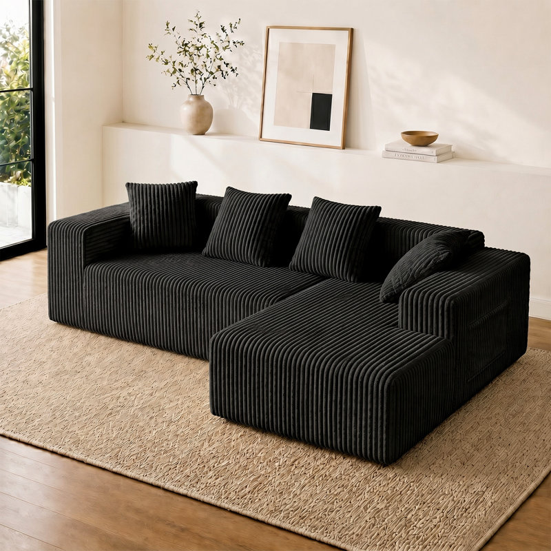 Modern Oversized 262cm Boneless Corner Sofa L-Shaped Corduroy Sofa With Storage Pockets, Right Hand Facing, Black