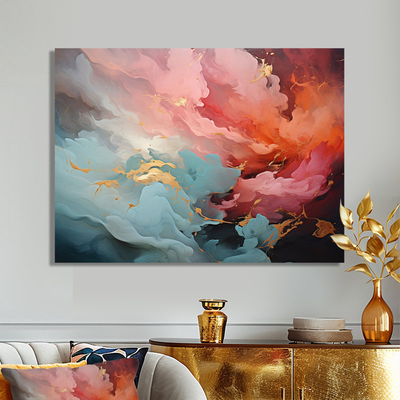 After the Storms, rose foncé, bleu, or, nuages - art mural abstrait, Toile tendue, H 12 po x l 20 po x P 1 po