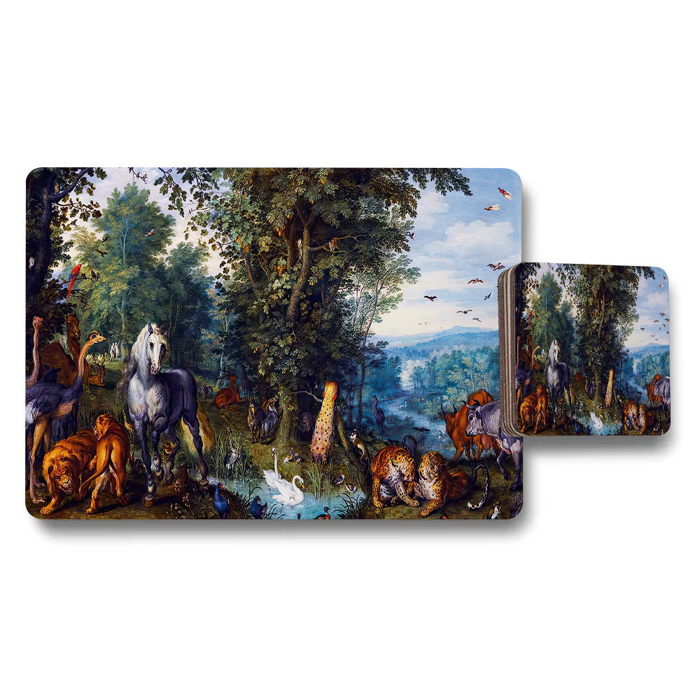 Wildlife Scene Placemat and Coaster Set with Forest Animals