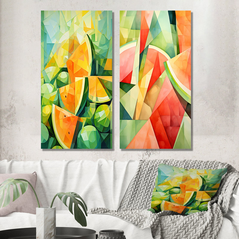 Vert et jaune motif de pastèque I - ensemble de 2 impressions sur toile Melon, H 28 po x l 25 po, Toile tendue