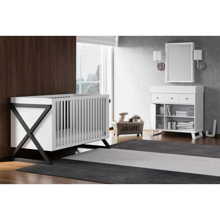 Storkcraft Modern Changing Table Dresser (White/Driftwood) - GREENGUARD Gold Certified, Removable Topper