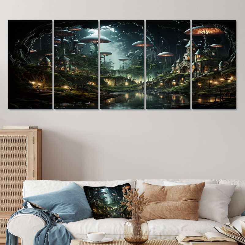 Enchantement de champignon surréel enchanté - paysage de surréalisme 5 pièces, H 28 po x l 60 po