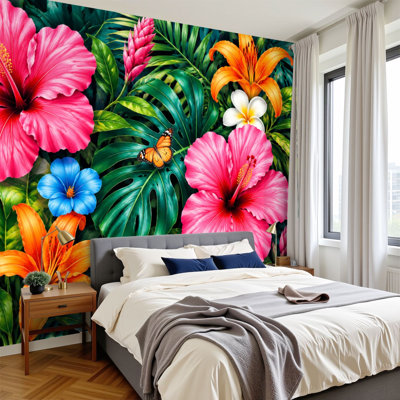 Peel and Stick Wallpaper Vibrant Tropical Floral Hibiscus Plumeria Green Leaves Wall Murals 100"H x 144"W Removable PVC Wall Paper Self-Adhesive Wall Decor for Bedroom Living Room Home Office