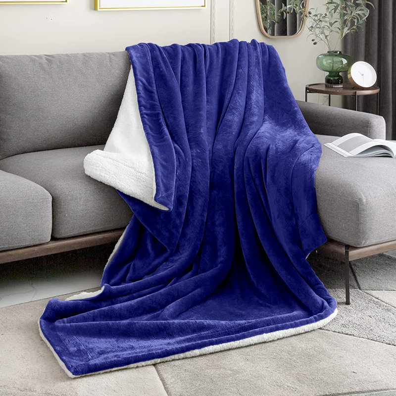 Formaran Sherpa Fleece Fur Thick Reversible Blanket Throw, Navy, W200 x L240cm