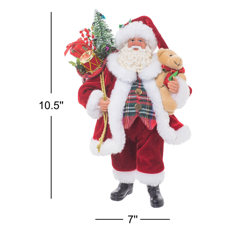 Tissu rouge avec un père Noël dodu tenant un ours en peluche