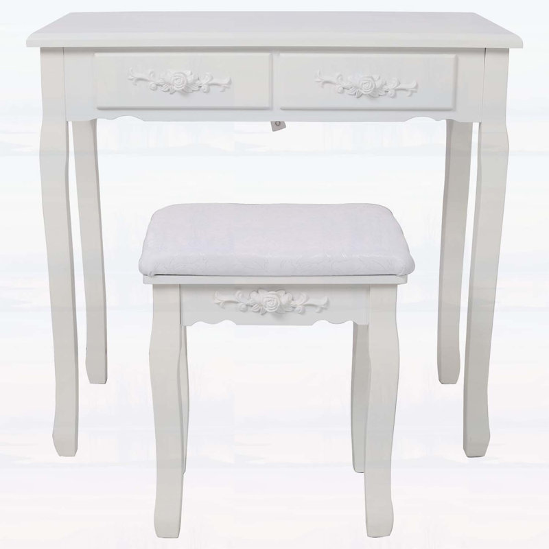 White Princess Vanity Desk Set with LED Light Mirror, 4-Drawer Storage, and Cushioned Stool for Girls' Bedroom