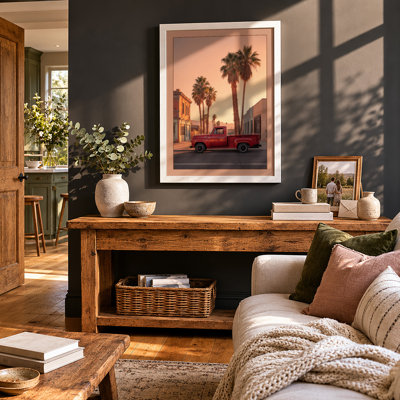 Red Truck at Golden Hour Vintage - Framed Print
