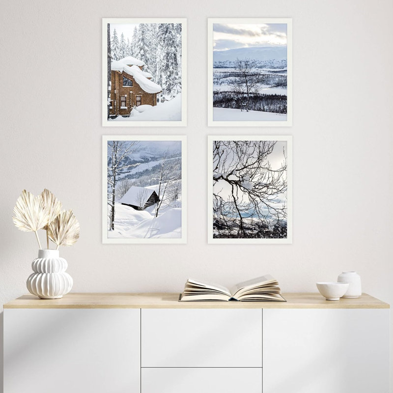 «Winter Snow Frost», ensemble de 4 impressions encadrées sur papier, encadrées sur papier, 4 pièces, Blanc