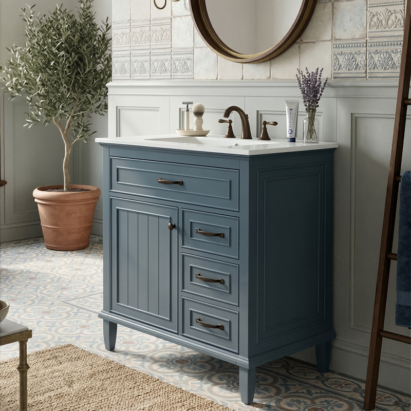 30" Freestanding Bathroom Vanity With Ceramic Sink, Solid Wood Frame Cabinet With 1 Flip Drawer, 2 Drawers And Door Storage Rack