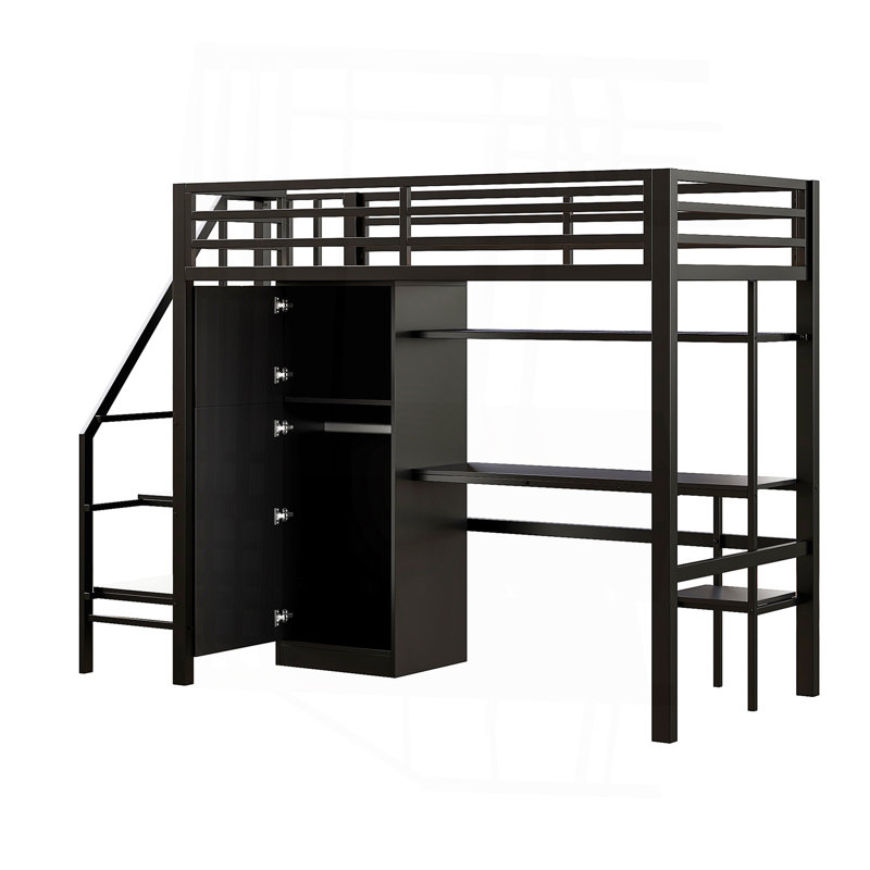 Lit mezzanine simple en métal avec bureau, Noir, noir, noir, noir