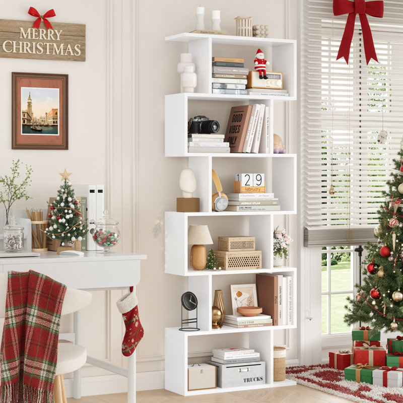 Hermoth 75'' H X 27.6'' W Tall Geometric Bookcase,6-Tier Storage Shelf, Contemporary Display Shelf, White, 1