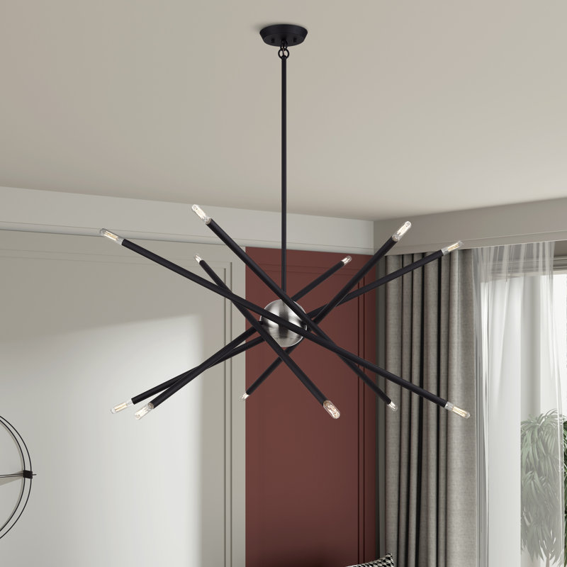 Grand lustre 12 lumières en nickel brossé, Noir