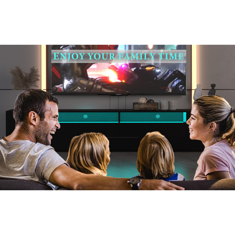 [Vidéo] Console télé avec armoires de rangement, télécommande, long meuble télé à DEL avec contrôle APP, sélection RVB complète, 31 modes de divertissement avec centre d'alimentation (noir, pour 80 pouces)