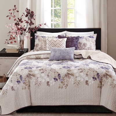 Taupe 6 Piece Quilt With Throw Pillows, Full/queen, Watercolor Floral Quilt, Microfiber, Reversible To Solid Color, Cozy And Stylish Bedding Printed ,