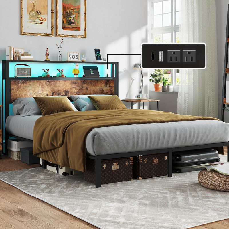 Bed Frame with 2-Tier Storage Headboard, Platform Bed with LED Lights and Charging Station, Underbed Storage Space, Full