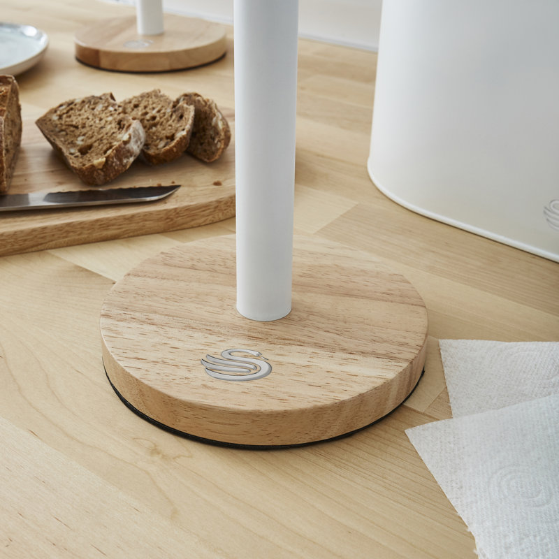 Swan SWKA17511 Nordic Scandi Towel Pole/Kitchen Roll holder with Non-slip Wooden Base, Cotton White, Steel, One Size, White