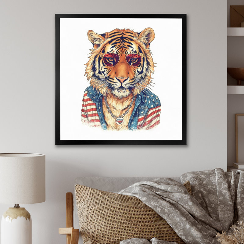 Tigre orange bleu avec lunettes de soleil sur toile, H 16 po x l 16 po x P 1 po, Cadre photo noir