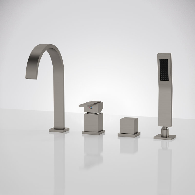 Deck Mounted Roman Tub Faucet with Diverter & Hand Shower, Brushed Nickel