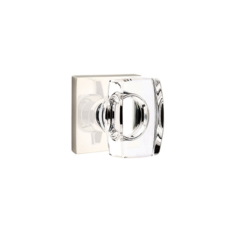 Ensemble de boutons d'intimité Emtek avec rosette carrée et bouton en verre Windsor, Nickel lumineux