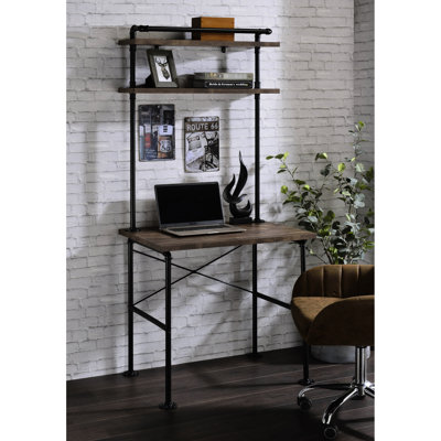 Bureau d'écriture de style rustique avec 2 tablettes et 2 conduites d'eau en chêne noir