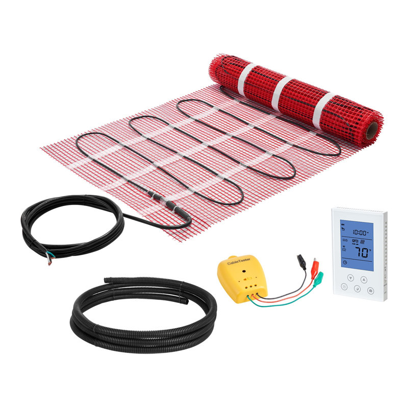 Système de tapis de plancher chauffant auto-adhésif 15 pieds carrés avec thermostat GFCI programmable - Chauffage électrique par le sol pour carrelage, pierre et stratifié