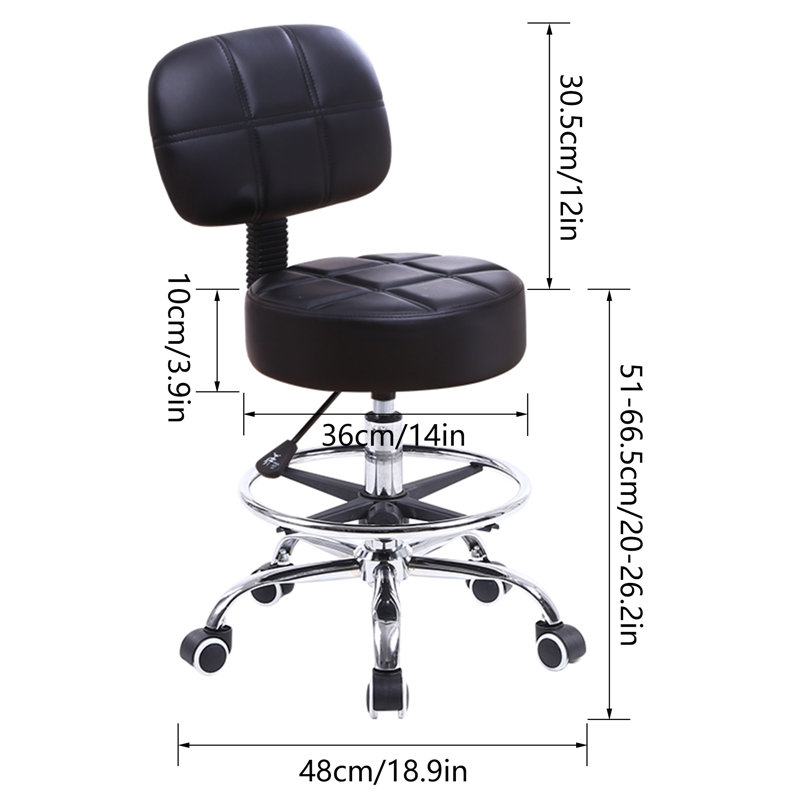 Backed Adjustable Height Ergonomic Lab Stool with Footring Wheels, Black