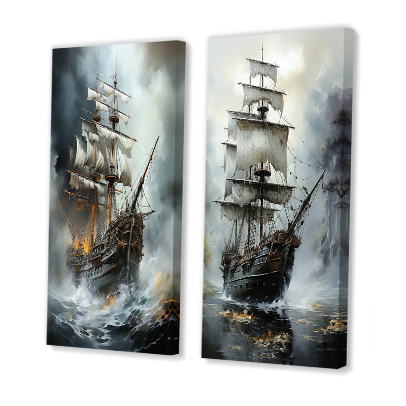 «Stormy Seas Corsairs Pirate Ghost Ship», ensemble de 2 impressions sur toile pirate, Toile tendue, H 40 po x l 41 po