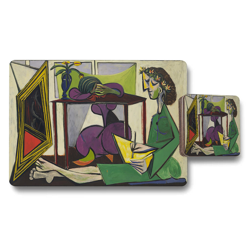 Abstract Woman Reading Placemat And Coaster Set With Modern Art