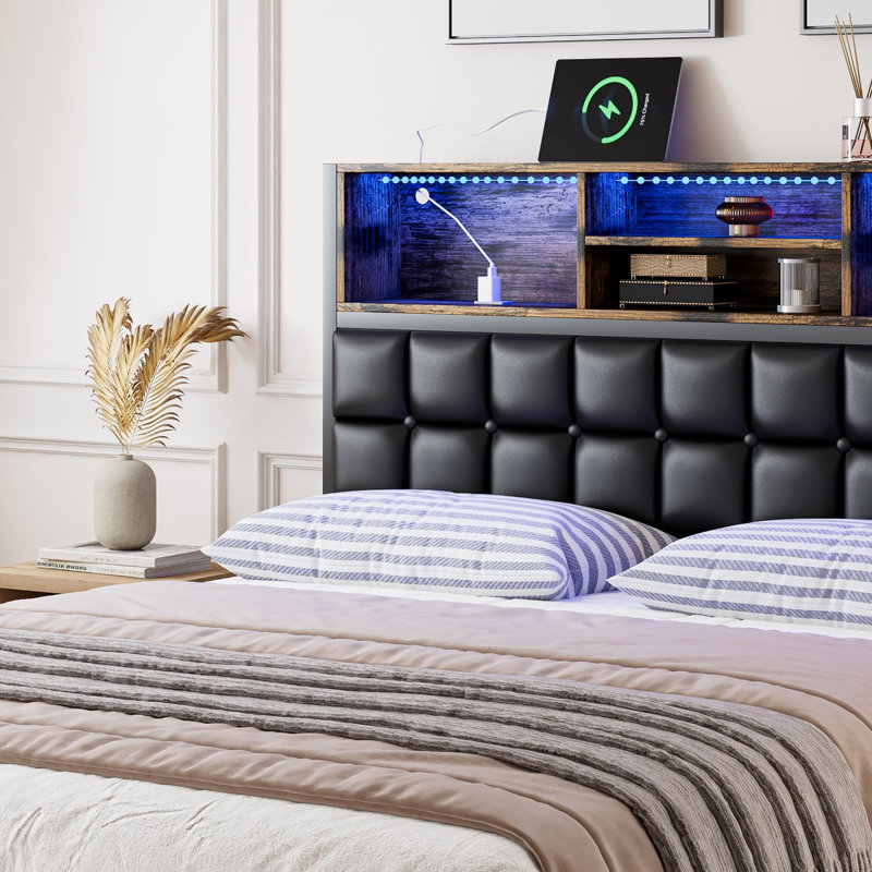 Hydraulic Metal Bed, Charging Port, LED Light, Soft Headboard Storage, 4ft6