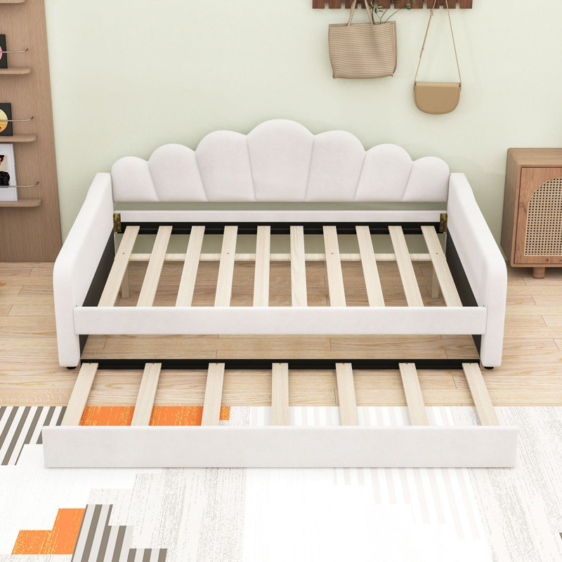 Lit de jour grand rembourré en forme de coquillage avec lit gigogne simple, Beige