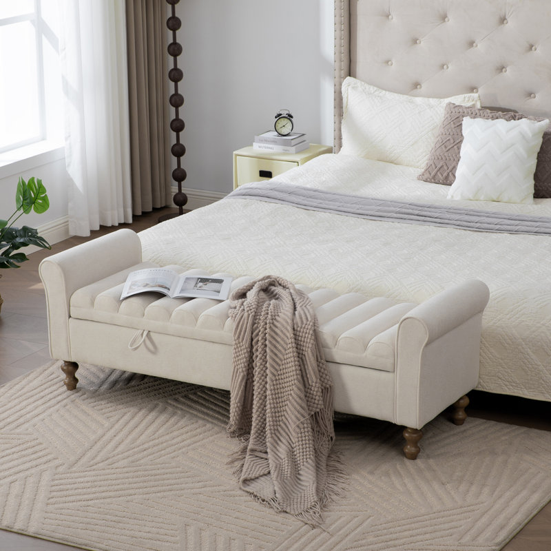 Banc de rangement rembourré Modern, H 21,9 po x L 65,6 po x P 20,3 po, Beige, Beige