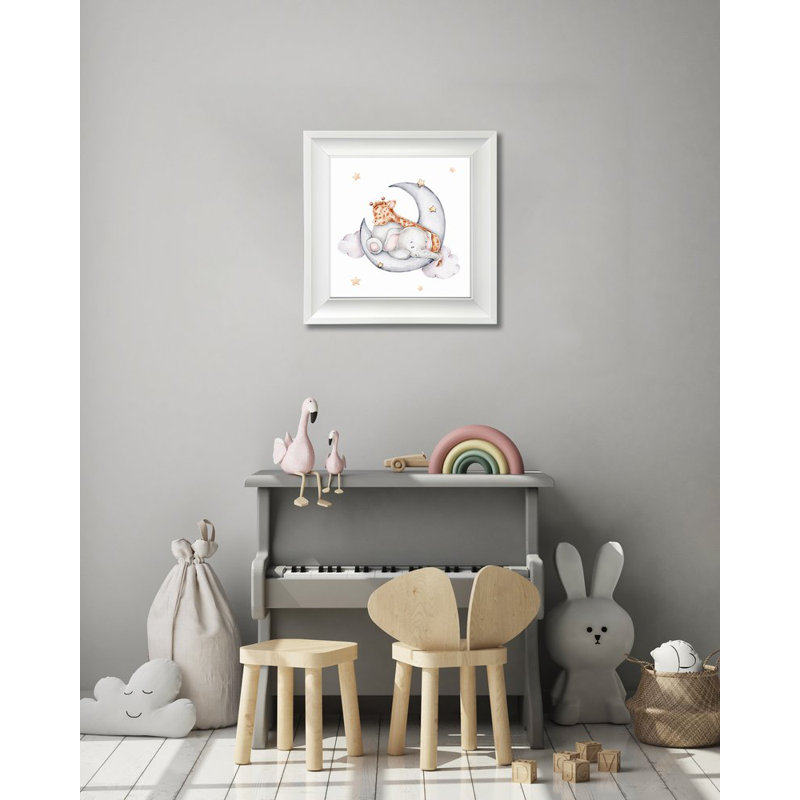 «Elephant And Giraffe On Moon», art mural, Cadre d'angle fermé blanc, H 17,5 po x l 17,5 po x P 1 po