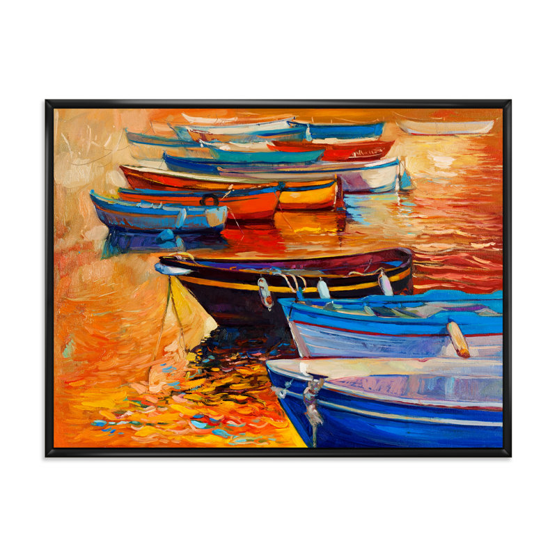 Bateaux dans le port au coucher du soleil chaud - Peinture sur toile, H 16 po x l 32 po x p 1 po, Cadre flottant noir