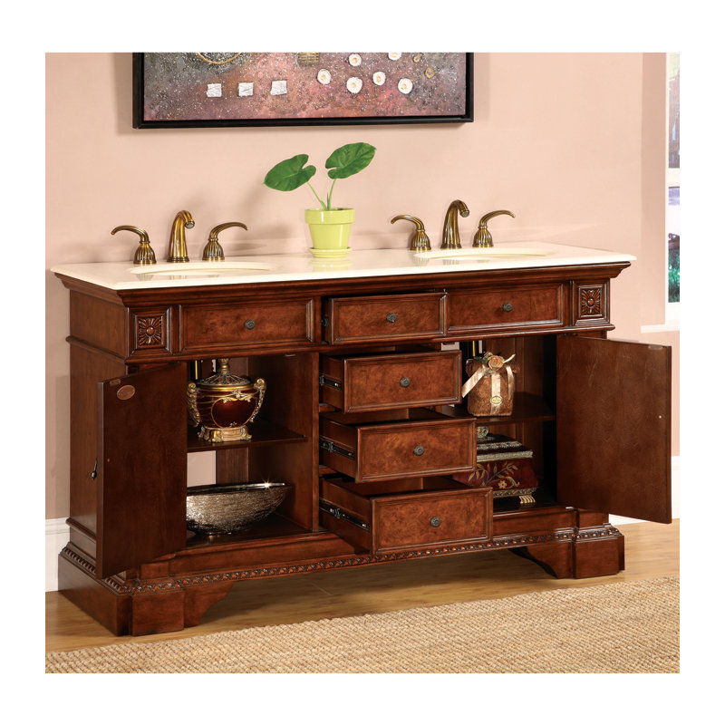 Ensemble de meuble-lavabo double 60 po Tingley, Marbre ivoire crème