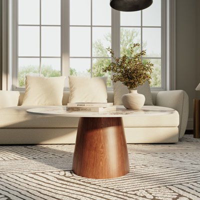 Table basse moderne avec plateau en pierre frittée colorée et base en bois massif brun - Centre de table élégant pour la décoration intérieure du salon